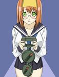  blush chain_mine glasses green_eyes gundam gundam_0080 highres joy_(cyber_x_heaven) kampfer kampfer_(mobile_suit) long_hair mishima_akane orange_hair parody solo 