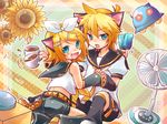  1girl animal_ears bad_id bad_pixiv_id blonde_hair blue_eyes blush bow brother_and_sister cat_ears flower food hair_ornament hairclip kagamine_len kagamine_rin kousetsu open_mouth popsicle siblings smile twins vocaloid 