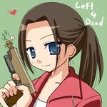  1boy 1girl bad_id bad_pixiv_id blue_eyes brown_hair finger_on_trigger gun handgun heart hitsuki_miyu holding holding_gun holding_weapon left_4_dead louis_(left4dead) m1911 miniboy pistol ponytail translated weapon zoey_(left4dead) 