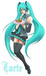  aqua_eyes aqua_hair cake detached_sleeves food hatsune_miku headset legs long_hair necktie pastry plate simple_background skirt solo thighhighs twintails very_long_hair vocaloid xilla zettai_ryouiki 