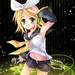  armpits bad_id bad_pixiv_id blonde_hair detached_sleeves green_eyes kagamine_rin lowres microphone navel ribbon solo sousouman vocaloid 