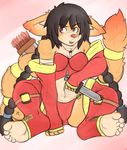  black_hair braided_hair breasts canine cleavage clothed clothing corset feet female freckles front_view fur hair hindpaw humanoid_feet inner_ear_fluff legwear mammal navel orange_fur paws red_eyes red_nose sebafox sitting solo thigh_highs weapon 