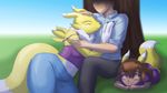  breasts canine clothing couple cute daughter digimon eye_markings eyes_closed family father female fox fur group happy heresy_(artist) hug human hybrid male mammal mother parent renamon smile strap_slip tree white_fur yellow_fur young 
