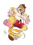  abs anthro barefoot bulge claws clothed clothing cougar eyewear facial_hair feline fur glasses hair half-dressed male mammal pawpads paws plain_background smile solo spring super-tuler teeth toe_claws toes tongue tongue_out topless underwear white_background 