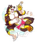  abs anthro barefoot biceps black_nose boxer_briefs bulge canine chopsticks claws clothed clothing dog feet food fur half-dressed hungry male mammal muscles open_mouth pecs plain_background smile solo super-tuler sushi teeth toe_claws toes tongue tongue_out topless underwear white_background wolf 