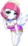  1girl angel breasts cleavage clothed clothing female freckles green_eyes hair halo highres looking_at_viewer official_art pink_hair rubi rubi_(wings_of_vi) solgryn solo white_skin wide_hips wings wings_of_vi 
