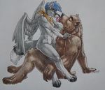  bandanna bear blue_hair canine duo eyes_closed fox foxeh grizz grizzly_bear hair hybrid licking mammal silver_fox sinistervibe sitting tongue tongue_out traditional_media_(artwork) wings 