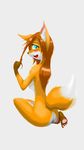  blue_eyes breasts brown_hair butt canine female fox hair looking_at_viewer mammal nude orange_skin sitting solo xcometx 