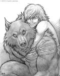  2013 abs anthro big_muscles black_and_white canine claws couple cute duo fangs fur hug human kyoht_luterman male mammal monochrome muscles nude pecs scar size_difference smile teeth toned were werewolf 