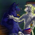  2015 abs anthro black_nose black_tongue blue_fur body_hair boxer_briefs canine clothing duo eyewear feline flight_goggles foreplay fur goggles hair happy_trail lion male male/male mammal muscles scotch_&quot;nanix&quot;_aiken scottish tongue underwear united_states_of_america white_fur wolf xxelixirxx 
