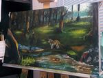  canine forest grass human latex_(artist) male mammal oil river sun traditional_media_(artwork) tree wolf wood 