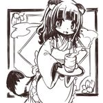  black_hair clothing cup cute female hair japanese_clothing kemono kishibe long_hair mammal monochrome open_mouth raccoon solo 