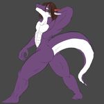  2011 abs anthro brown_hair butt claws dragon grey_background hair horn kalnareff kalnareff_(character) long_hair looking_at_viewer looking_back male muscles nude pinup plain_background pose purple_scales raised_tail rear_view scalie sketch smile solo white_scales yellow_eyes 