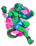 abs anthro bandage barefoot biceps bulge claws clothed clothing floppy_ears green_skin half-dressed male muscles plain_background scar smile solo super-tuler teeth toe_claws toes tongue topless underwear white_background 