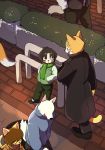  2017 age_difference anthro bernese_mountain_dog black_nose blush brown_fur canine cat clothed clothing coat cub dialogue digital_media_(artwork) dipstick_tail dog duo_focus eye_contact eyewear faceless_character faceless_male feline footwear fully_clothed fur glasses group hand_in_pocket hands_in_pockets high-angle_view jacket junior_horse leaning leaning_back looking_down looking_up male mammal manhole manizu manmosu_marimo multicolored_tail open_mouth orange_fur outside pants scarf senior_fox shoes shota_feline_(marimo) size_difference smile standing walking whiskers white_canine_(marimo) white_fur wolf young 