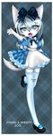  2015 anthro blue_eyes blue_fur blue_hair bow canine clothed clothing dress female fox fur hair legwear mammal markings multicolored_hair open_mouth ryusei sheepy solo stockings tongue white_fur white_hair zhai_nejem 