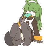  canine chinese_clothing clothing dog eating female food green_hair hair ice_cream kemono kishibe long_hair mammal panties solo underwear 