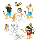  abs anthro biceps body_hair boxer_briefs bulge clothed clothing cougar cuddling emoji english_text eyewear facial_hair feline fur glasses hair hairy half-dressed happy_trail jeans male male/male mammal open_mouth phone plain_background puma_tuler shirt shorts smile solo super-tuler teeth text tongue tongue_out topless underwear white_background 