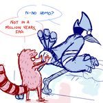  anthro avian bed bird blue_feathers blue_jay blush butt butt_grab cartoon_network duo hand_on_butt humor looking_back male male/male mammal meek_(artist) mordecai_(regular_show) nervous no_homo open_mouth presenting raccoon raised_tail regular_show rigby_(regular_show) stated_heterosexuality striped_tail 