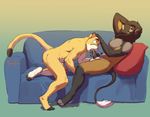  amputee anthro cougar cum cum_in_mouth cum_inside duo eye_contact feline fur john_(meesh) lion little_buddy long_tail male male/male mammal meesh oral penis piercing sofa tanner_james toned yellow_fur 