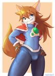  2015 anthro bulge canine clothed clothing dog fur hair long_hair looking_at_viewer male mammal nurinaki red_savarin smile solatorobo solo 