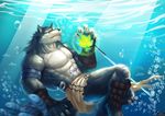  abs biceps big_muscles canine clothed clothing fur glowing half-dressed leaf male mammal muscles pecs tattoo underwater water wolf wristband 魔夜星辰 