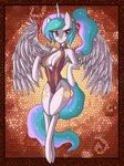  2015 anthro anthrofied big_breasts blue_fur blue_hair breasts cleavage clothed clothing cutie_mark equine friendship_is_magic fur green_fur green_hair hair hi_res horn looking_at_viewer mammal multicolored_fur multicolored_hair my_little_pony pink_eyes pink_fur pink_hair princess_celestia_(mlp) purple_fur purple_hair raptor007 skimpy smile solo swimsuit white_feathers white_fur wide_hips winged_unicorn wings 