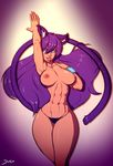  2015 abs against_wall animal_ears biceps big_breasts blue_eyes breasts cat cat_ears cat_tail clothing feline female hair karenstar long_hair looking_at_viewer mammal muscles muscular_female nipples plain_background purple_hair smile solo svenners toned underwear wide_hips wristband 