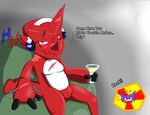  anthro blue_eyes blush digimon drunk duo english_text gumdramon headphones heibanhikaru male naughty_face open_mouth red_body scalie shoutmon sitting text tongue white_body 