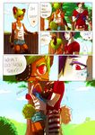  anthro apple bear blush cin_(character) clothed clothing comic dialogue eye_contact eye_patch eyewear freckles fruit hail_(character) hug jotaku male male/male mammal red_eyes shirt shorts standing tank_top text 