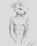  2015 anthro blue_eyes blush canine clothed clothing creative_commons fur half-dressed male mammal muscles nipples nude orangevanim solo tattoo topless wolf 