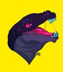  2015 ambiguous_gender monster mutisija open_mouth pink_eyes plain_background saliva saliva_string scalie solo teeth tongue yellow_background 