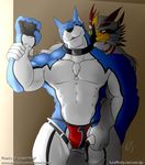  2015 abs anthro avian beak biceps big_muscles black_nose blue_fur bulge canine chest_tuft clothed clothing collar dekamaster dog doggy_kruger duo eye_contact fur grasp gs half-dressed interspecies jockstrap male mammal manly muscles open_mouth pants pants_down pecs pointy_ears power_rangers raised_arm red_eyes ripped smile speedo standing swimsuit teeth topless tuft underwear white_fur 