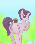  2015 absurd_res animal_genitalia anus braddo butt cutie_mark dock equine equine_pussy female feral food friendship_is_magic hair hi_res horn mammal muffin my_little_pony open_mouth purple_hair pussy smile solo sugar_belle_(mlp) tree unicorn 