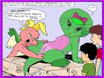  anthro baby_bop barney_and_friends cassie_(dragon_tales) crossover cub desiree_lee dinosaur dragon dragon_tales emmy_(dragon_tales) female female/female group human james_m_hardiman male mammal max_(dragon_tales) nipples oral pussy pussy_juice scalie spread_pussy spreading young 
