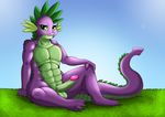  2015 abs aged_up anthro anthrofied balls dragon erection exelzior-maximus friendship_is_magic grin hi_res looking_at_viewer male muscles my_little_pony penis scalie smile solo spike_(mlp) text 