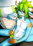  2011 amphibian anthro balls bed erection frog green_hair hair jotaku looking_at_viewer male masturbation navel neville_(character) nude penis piercing precum red_eyes sitting solo tongue 