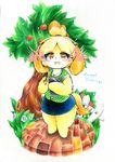  animal_crossing apple blonde_hair blush brown_eyes fruit fur hair isabelle_(animal_crossing) kemono mash_(artist) nintendo open_mouth short_hair solo tree video_games yellow_fur 