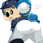  &lt;3 anthro ball baseball_uniform black_eyes blue_fur blush butt chikuwabu chunichi_dragons clothing doala ear_tuft fur koala looking_back male mammal marsupial mascot nippon_professional_baseball open_mouth pants plain_background rear_view shirt smile solo standing tongue tuft white_background white_fur 