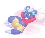  2015 anthro bulge clothed clothing green_eyes lambent looking_at_viewer meowstic midriff navel nintendo pok&eacute;mon video_games 