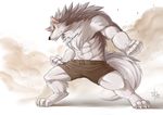  2013 abs canine claws clothed clothing half-dressed looking_at_viewer male mammal muscles pose shorts solo takemoto_arashi topless wolf yellow_sclera 