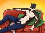  2015 anthro canine clothed clothing fur grin half-dressed male male/male mammal manly penis red_eyes shade_the_wolf sofa wolf 