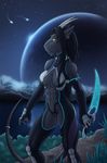  2015 abs aurancreations black_hair dagger dragon ear_piercing feline female grey_skin hair horn landscape long_hair mammal muscles muscular_female nails panther piercing planet safira scalie science_fiction slit_pupils solo standing suit warrior weapon yellow_eyes 