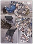  2014 blonde_hair clothed clothing comic digitigrade english_text feline hair half-dressed human leopard male mammal sabretoothed_ermine snow_leopard text topless torn_clothing transformation 