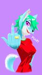  blue_skin breasts canine clothing dog female green_hair hair looking_at_viewer mammal purple_eyes smile solo xcometx 