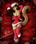  2014 anthro arm_behind_head big_breasts bow breasts brown_fur brown_hair cat christmas cleavage clothed clothing dress feline female fur hair hat holidays legwear lips long_hair looking_at_viewer lying mammal on_back open_mouth panties pose red_eyes red_hair red_nose smile solo stockings tatara94 underwear wide_hips 
