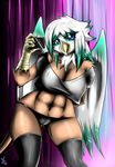  2015 anthro arms_behind_back avian beak big_breasts blue_eyes breasts brown_fur camel_toe cleavage clothed clothing fan_character female fur gryphon holding john_sheppard legwear looking_at_viewer my_little_pony navel panties phone solo thigh_highs underwear wings 