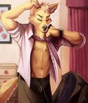  2014 abs biceps canine chest_tuft clothed clothing eyes_closed fur half-dressed inside littlefreckles male mammal muscles necktie pants pecs shirt tuft wolf yellow_fur 