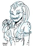  2014 alien armor bikini_armor breasts bust cleavage clothed clothing english_text female heresy_(artist) looking_at_viewer predator_(franchise) sharp_teeth skimpy smile solo spots teeth text yautja 