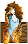  2014 absurd_res alpha_channel anthro big_breasts bottomless breasts brown_fur brown_hair cleavage clothed clothing feline female fur hair half-dressed hi_res lips long_hair looking_at_viewer mammal orange_fur pink_eyes shirt smile solo standing stripes tatara94 teeth tiger white_fur 